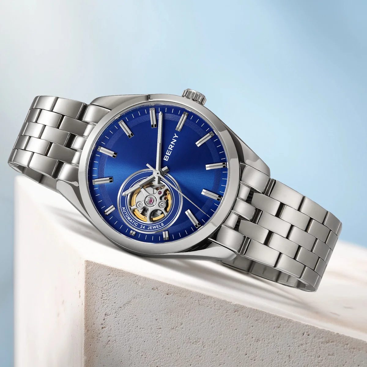BERNY AM179M Men's Automatic Skeleton Watch – NH38 Movement, Stainless Steel, Sapphire Glass, 38.5mm Berny Watches Color : AM179M-GRN|AM179M-A|AM179M-LB|AM179M-YB|AM179M-YE|AM179M-B|AM179M-C 