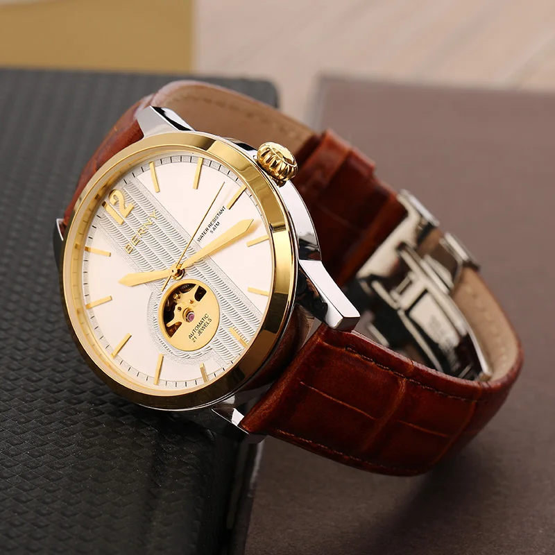 BERNY AM093M Skeleton Automatic Watch – 40mm, Sapphire Glass, 21 Jewels, Leather Strap, 5ATM Berny Watches Color : AM093M-SY-BN|AM093M-SY-YE|AM093M-SY-B 