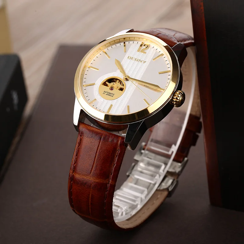 BERNY AM093M Skeleton Automatic Watch – 40mm, Sapphire Glass, 21 Jewels, Leather Strap, 5ATM Berny Watches Color : AM093M-SY-BN|AM093M-SY-YE|AM093M-SY-B 
