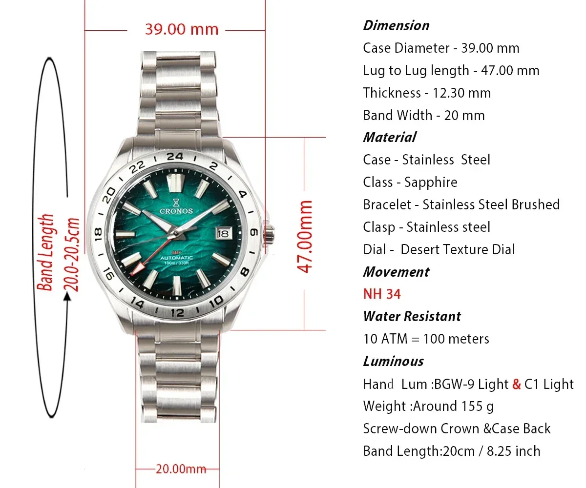 Cronos GS Desert Texture GMT Automatic Watch for Men – NH34, Sapphire Crystal, 10ATM