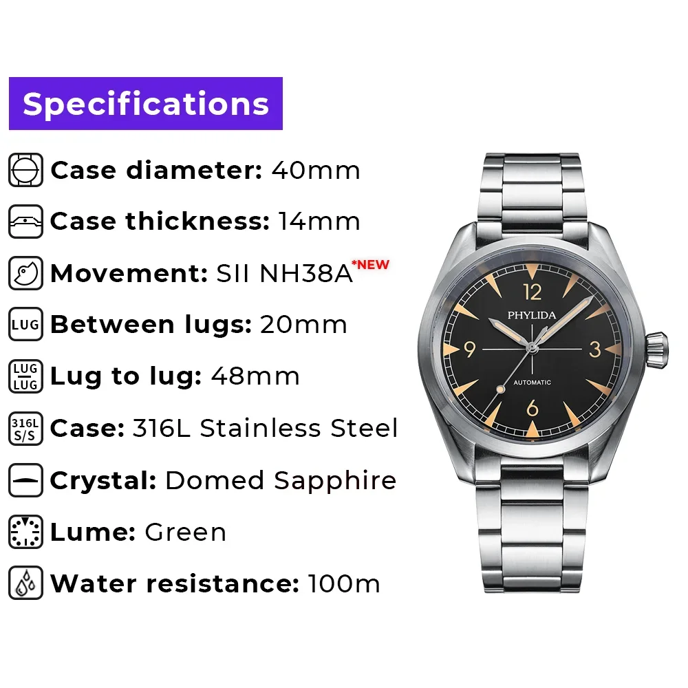 PHYLIDA Explorer 40mm Men’s Automatic Watch – NH38A Movement, Sapphire Crystal, 316L Steel Phylida Watches Color : Black 