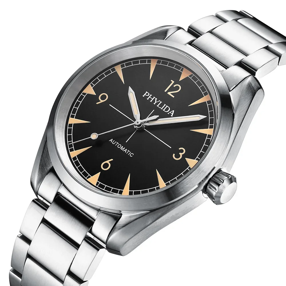 PHYLIDA Explorer 40mm Men’s Automatic Watch – NH38A Movement, Sapphire Crystal, 316L Steel Phylida Watches Color : Black 
