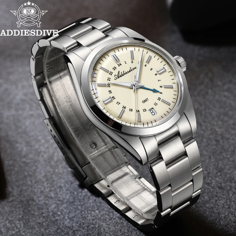 ADDIESDIVE AD2065 GMT Quartz Watch – Swiss Ronda 515-24H, 36mm, 316L Steel, 100M Waterproof Addiesdive watches Color : White|Beige 