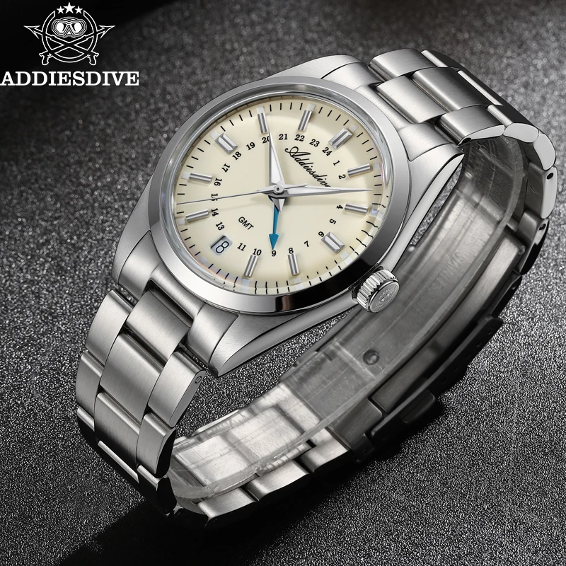 ADDIESDIVE AD2065 GMT Quartz Watch – Swiss Ronda 515-24H, 36mm, 316L Steel, 100M Waterproof Addiesdive watches Color : White|Beige 