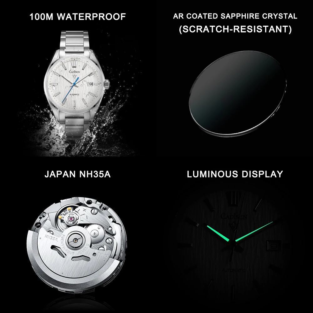 2025 CADISEN C8226M Automatic Men's Watch – NH35A Movement, Birch Dial, 100M Waterproof, Sapphire Crystal Cadisen Watches Color : SKY BLUE|White texture 