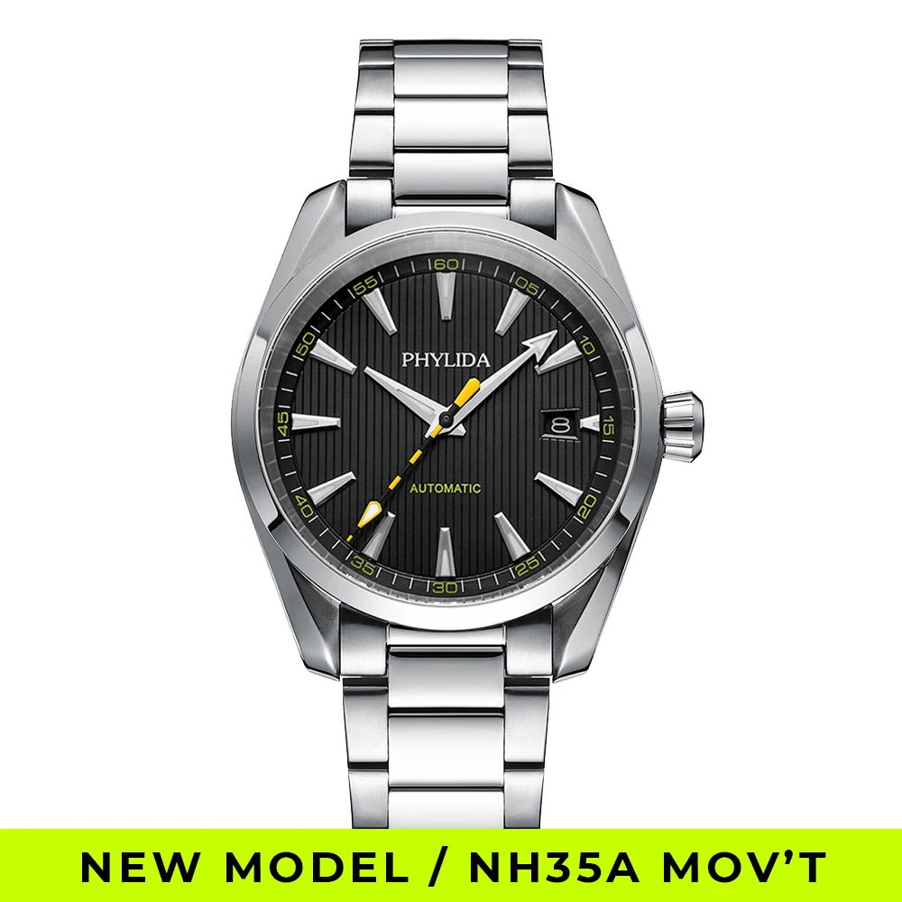 PHYLIDA 40mm Automatic Watch – NH35A Movement, Black Dial, Yellow Seconds Hand, Sapphire, 100M Waterproof Phylida Watches Color : Branded|Sterile Dial 