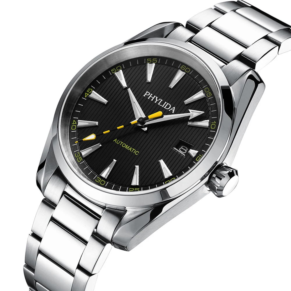 PHYLIDA 40mm Automatic Watch – NH35A Movement, Black Dial, Yellow Seconds Hand, Sapphire, 100M Waterproof Phylida Watches Color : Branded|Sterile Dial 