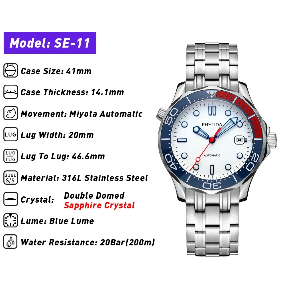 PHYLIDA Diver 300M Automatic Watch – White Dial, Pepsi Bezel, Miyota 8215, Sapphire Crystal Phylida Watches Color : Sterile|Branded 