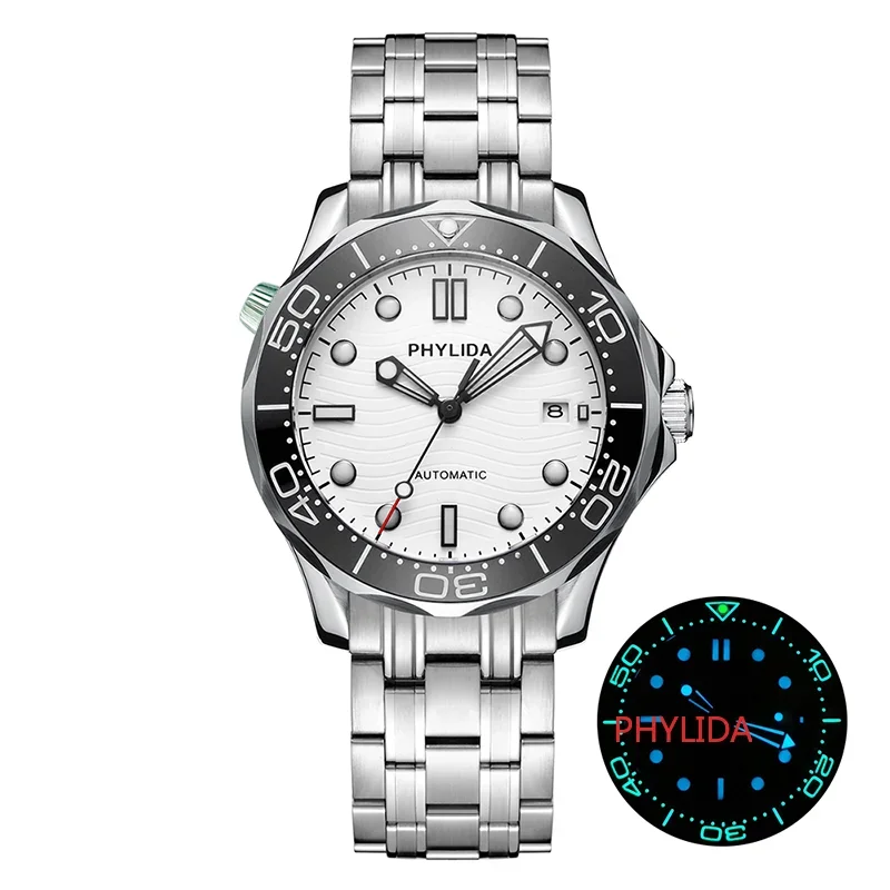 PHYLIDA SE-11 41mm Automatic Dive Watch – White Dial, Black Ceramic Bezel, Miyota 8215, Sapphire, 200M Phylida Watches Color : Sterile|Branded 