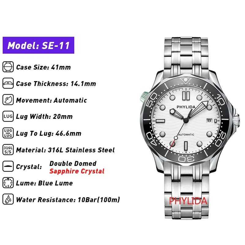 PHYLIDA SE-11 41mm Automatic Dive Watch – White Dial, Black Ceramic Bezel, Miyota 8215, Sapphire, 200M Phylida Watches Color : Sterile|Branded 