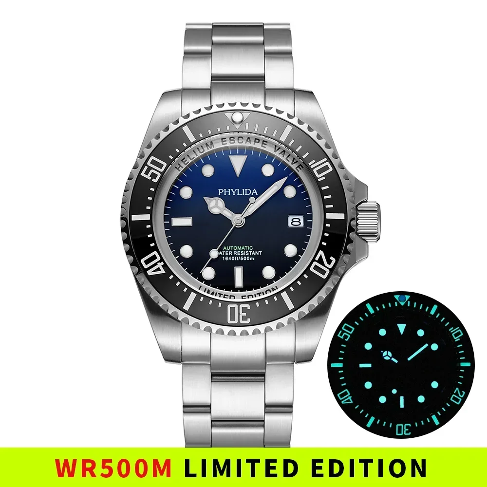 PHYLIDA 500M Diver Watch NH35 Automatic Sapphire Steel Phylida Watches Color : SS Bracelet|No logo 