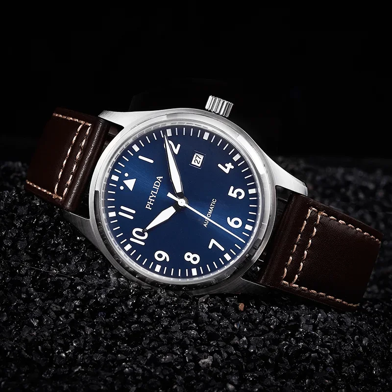 PHYLIDA 42mm Blue Dial Pilot Watch MIYOTA Automatic Leather Strap Phylida Watches Color : with logo|no logo 