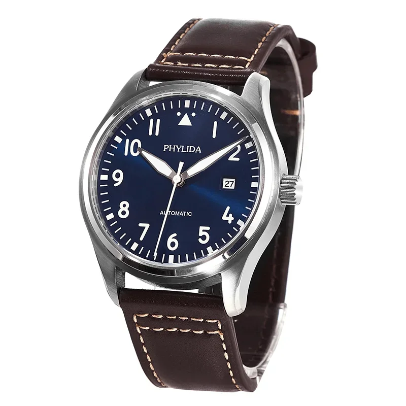 PHYLIDA 42mm Blue Dial Pilot Watch MIYOTA Automatic Leather Strap Phylida Watches Color : with logo|no logo 