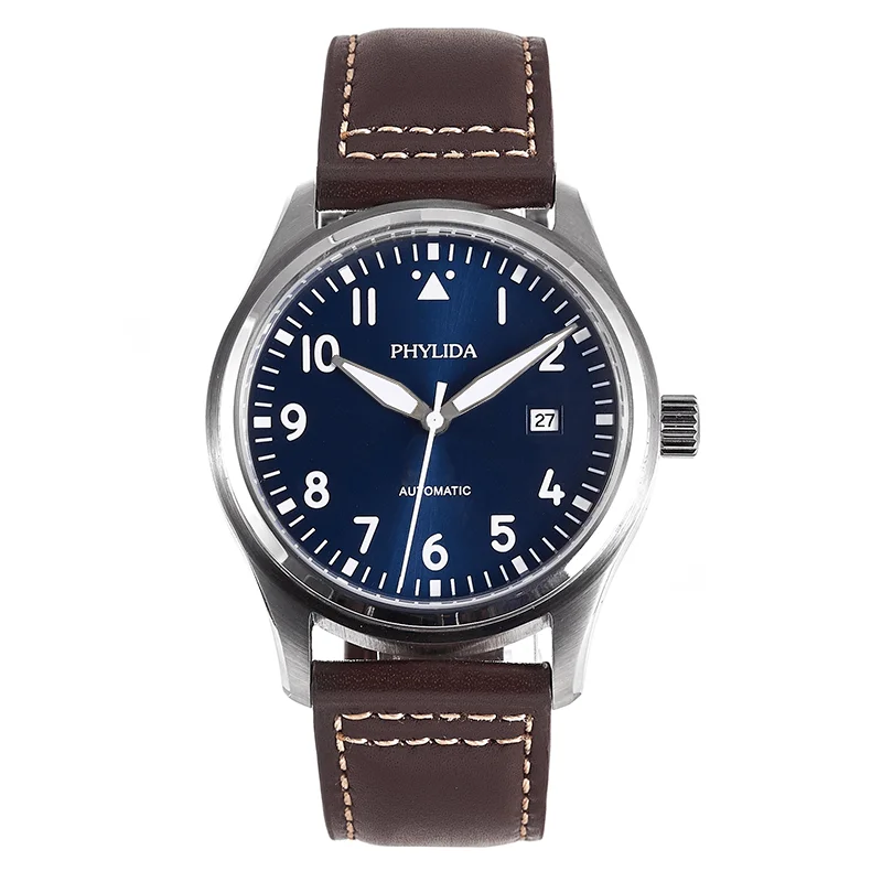 PHYLIDA 42mm Blue Dial Pilot Watch MIYOTA Automatic Leather Strap Phylida Watches Color : with logo|no logo 