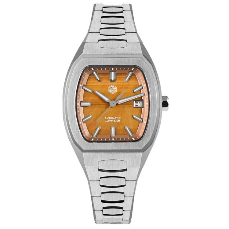 San Martin SN0145-G Automatic Watch Collection – Tonneau Case with Tiger Eye, Malachite, Aventurine, and Eagle Eye Real Stone Dials on Stainless Steel Bracelet