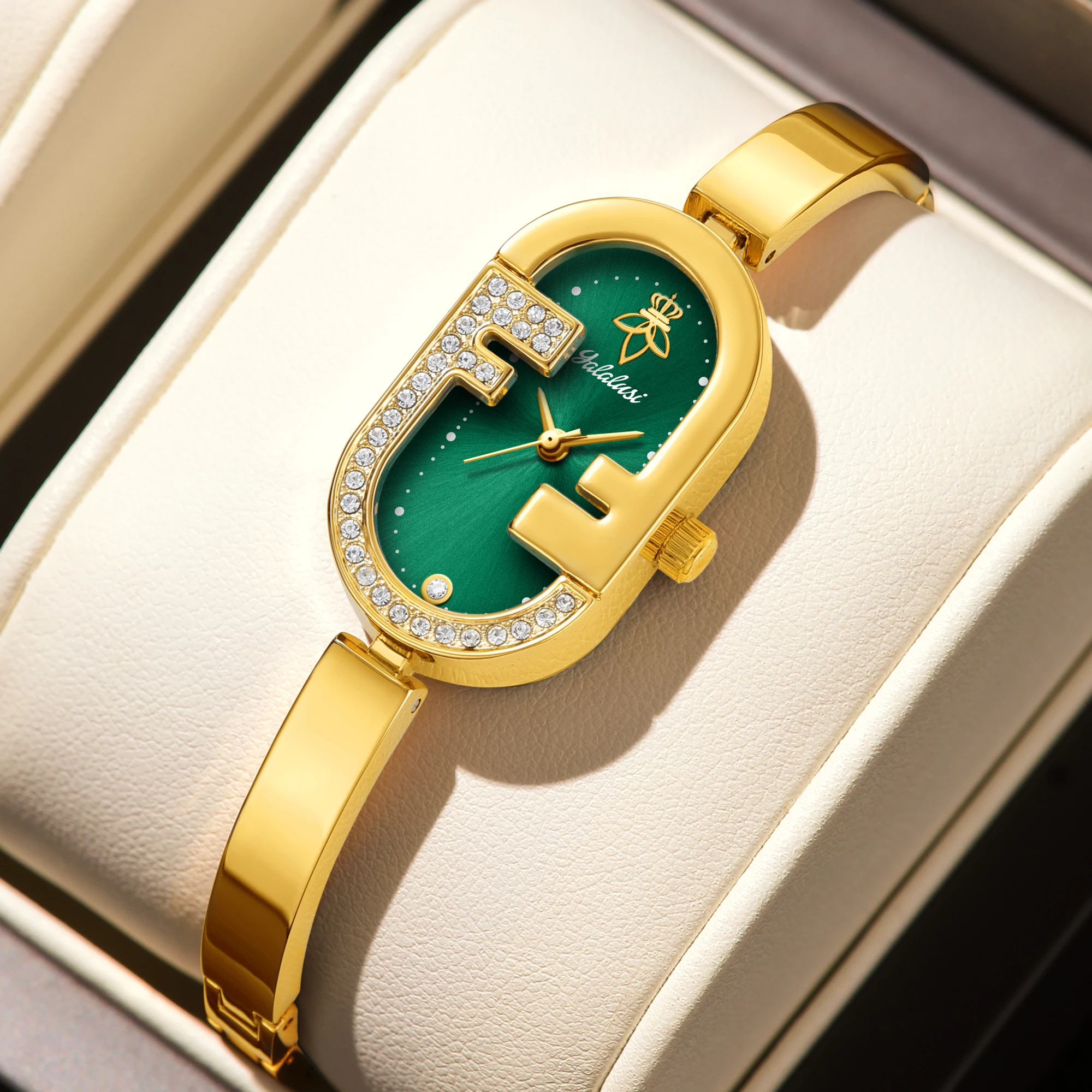 Gold slim oval rhinestone women's watch with green dial on bracelet band