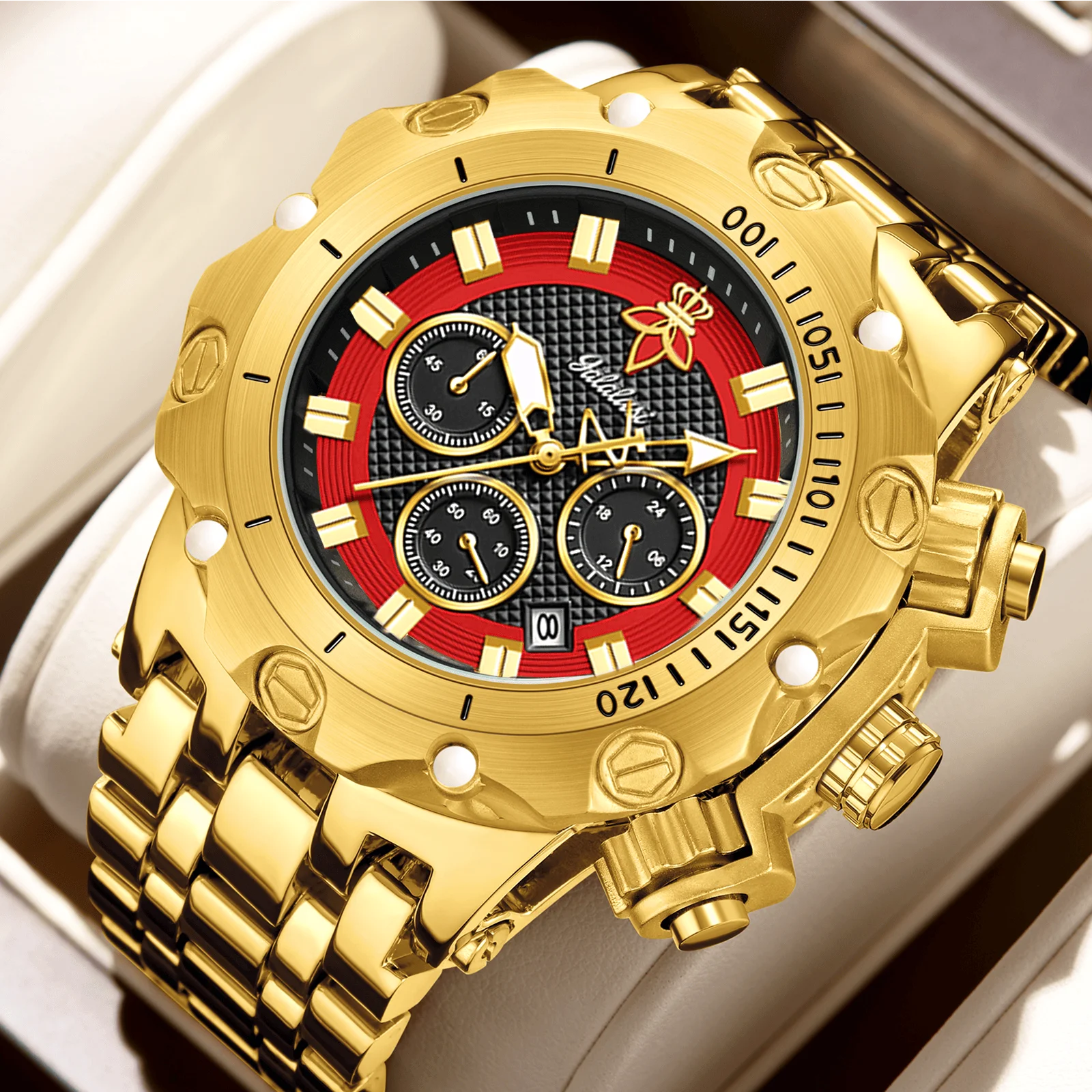 “Gold men’s chronograph watch with stopwatch and calendar”