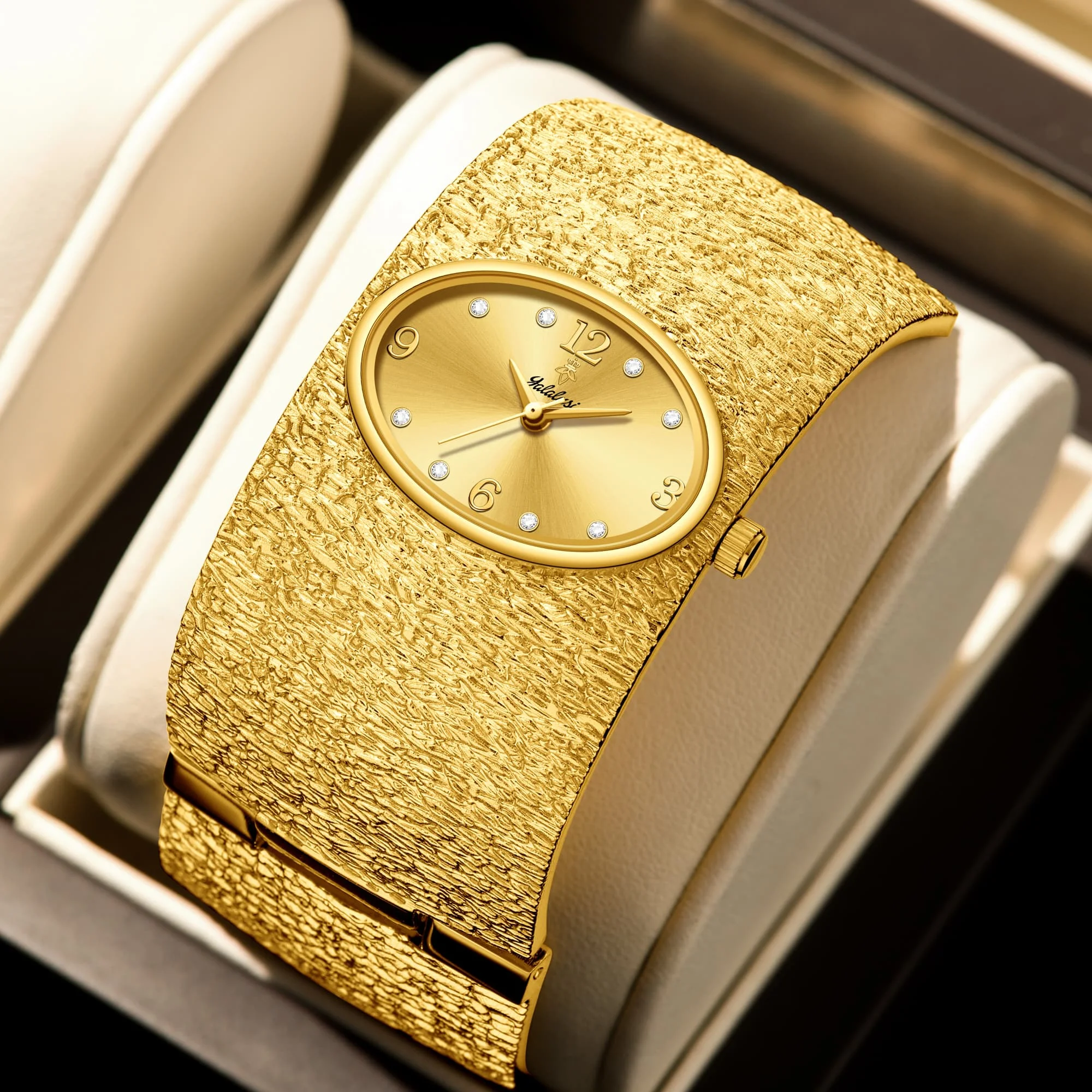 Gold cuff watch with green dial and rhinestone markers