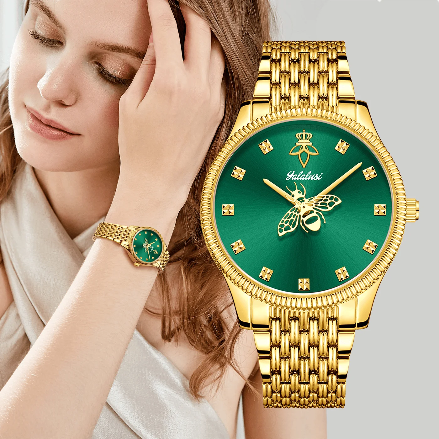 YaLaLuSi brand Elegant Women's Quartz Watch Simple Sun Patterned Case Temperament Gorgeous Gold Gift Box Set Ladies Gift