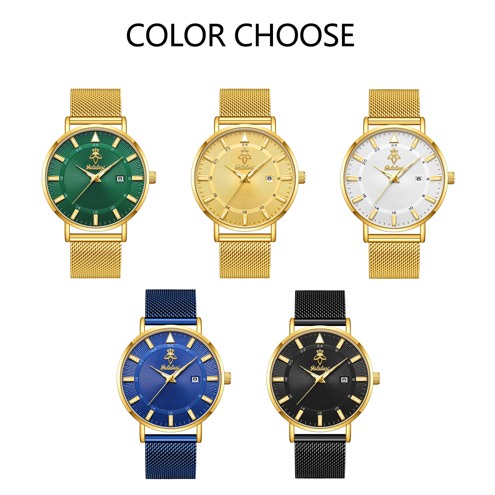 YaLaLuSi brand casual men's quartz watch green disk gold mesh belt business fashion quartz watch simple atmosphere trend watch