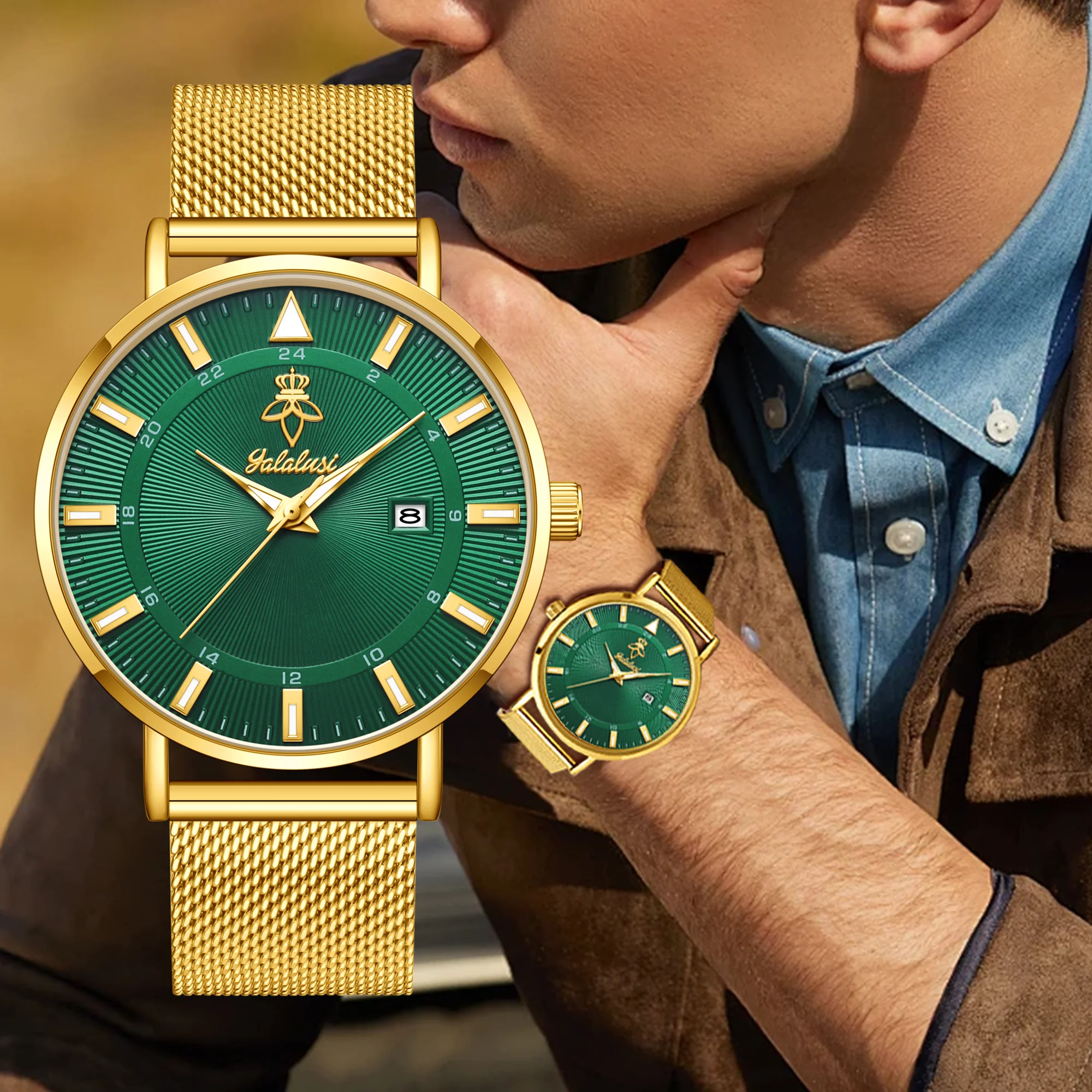 YaLaLuSi brand casual men's quartz watch green disk gold mesh belt business fashion quartz watch simple atmosphere trend watch