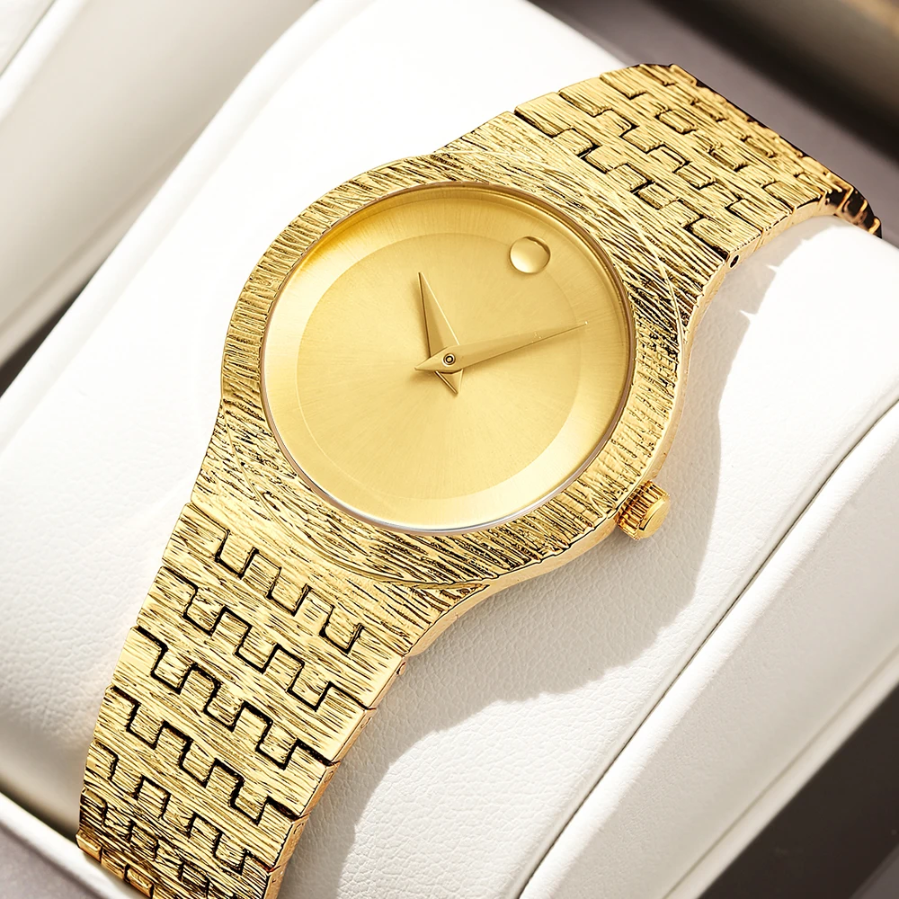 Women’s gold minimalist watch with ripple band and sleek dial