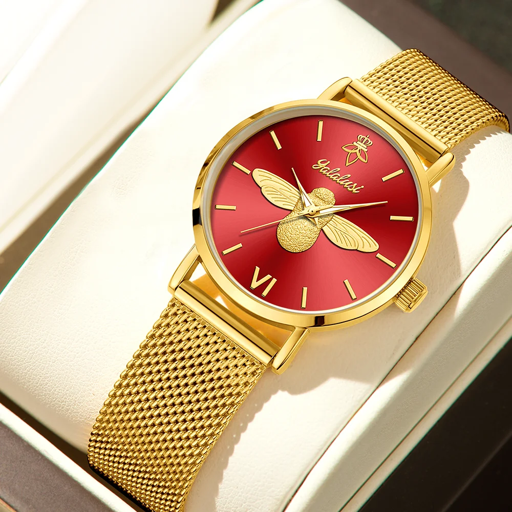 Gold mesh women’s watch with red dial and raised bee design