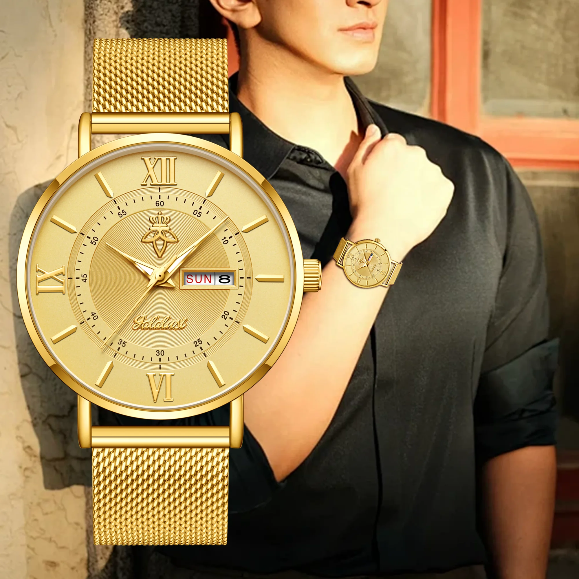 YaLaLuSi Brand Fashion Gold Men's Quartz Simple Business Daily Watch Double Calendar Display Men's Gift Gift Set