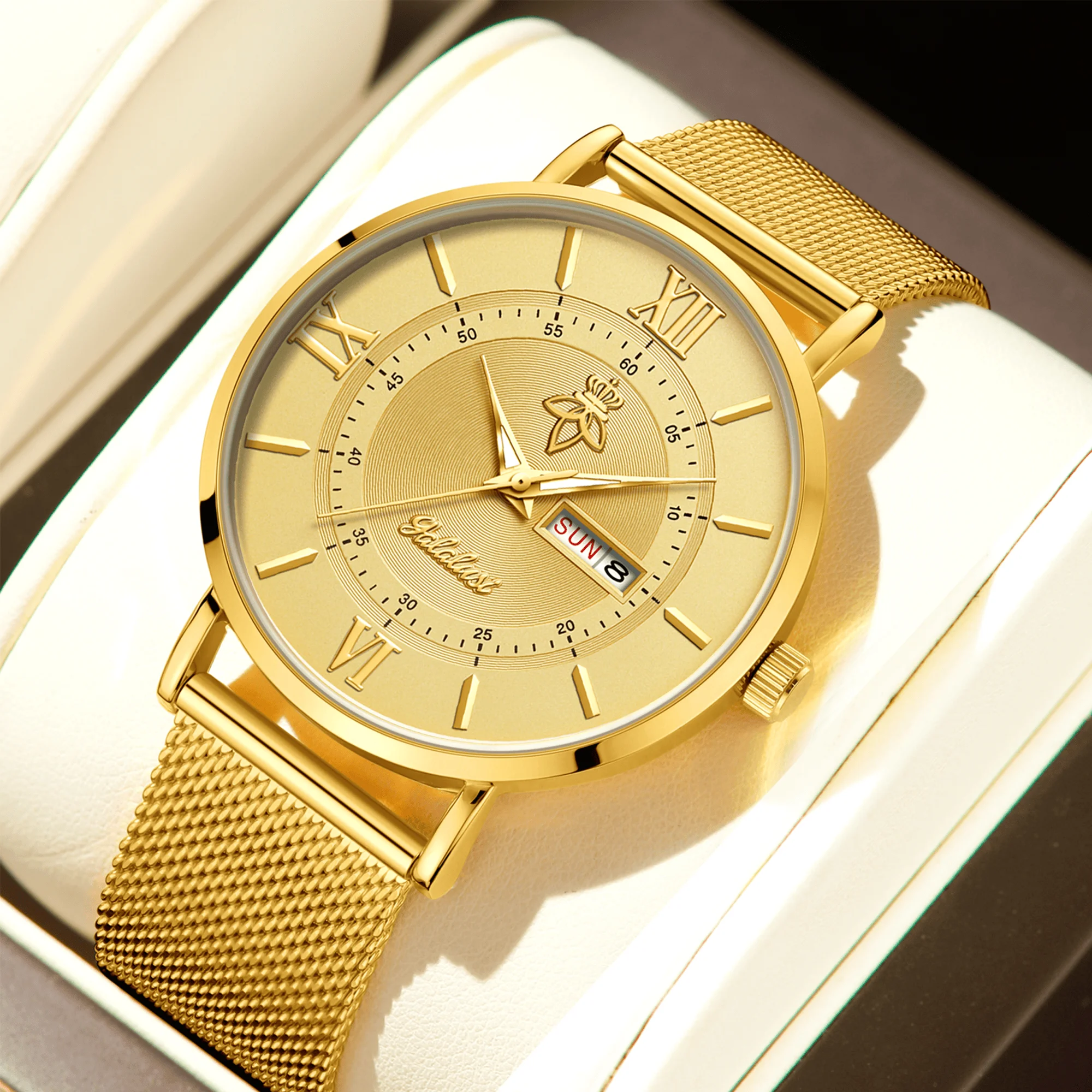 Men’s gold mesh quartz watch with Roman numerals and calendar display
