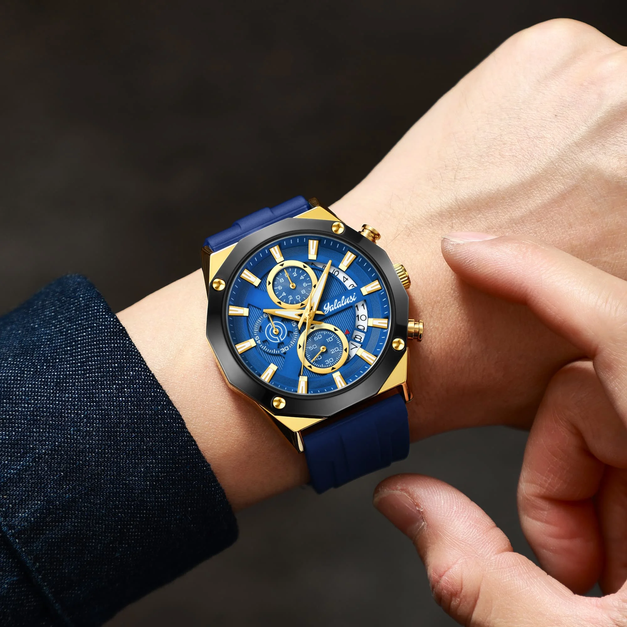 YaLaLuSi brand domineering men's quartz watch polygonal design case personalized luxury multifunction men's gift