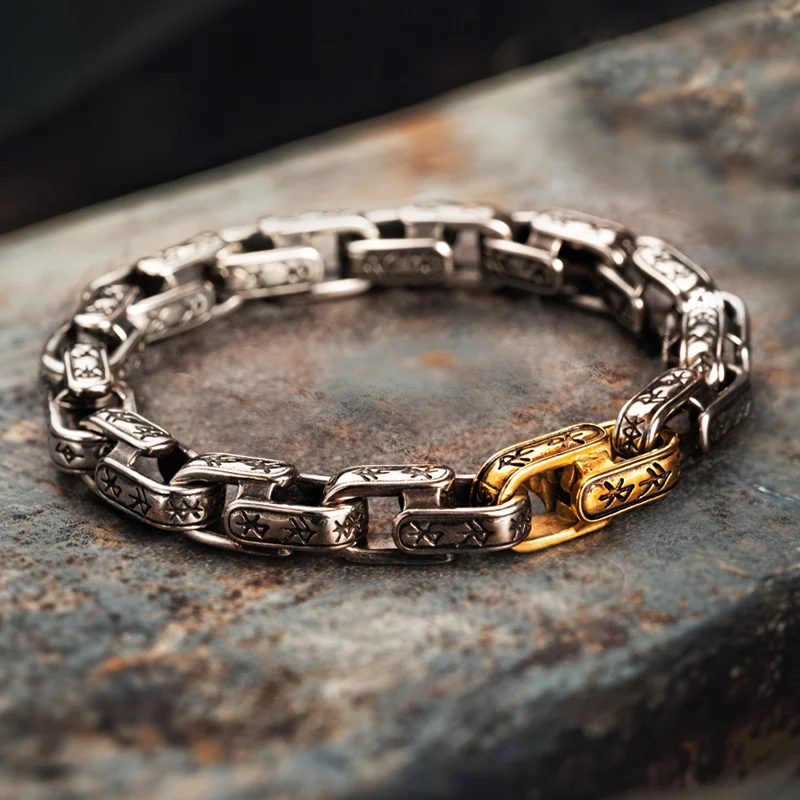 Oaths of Eternal Night Stainless Steel Rune Bracelet with Gold Link Accent