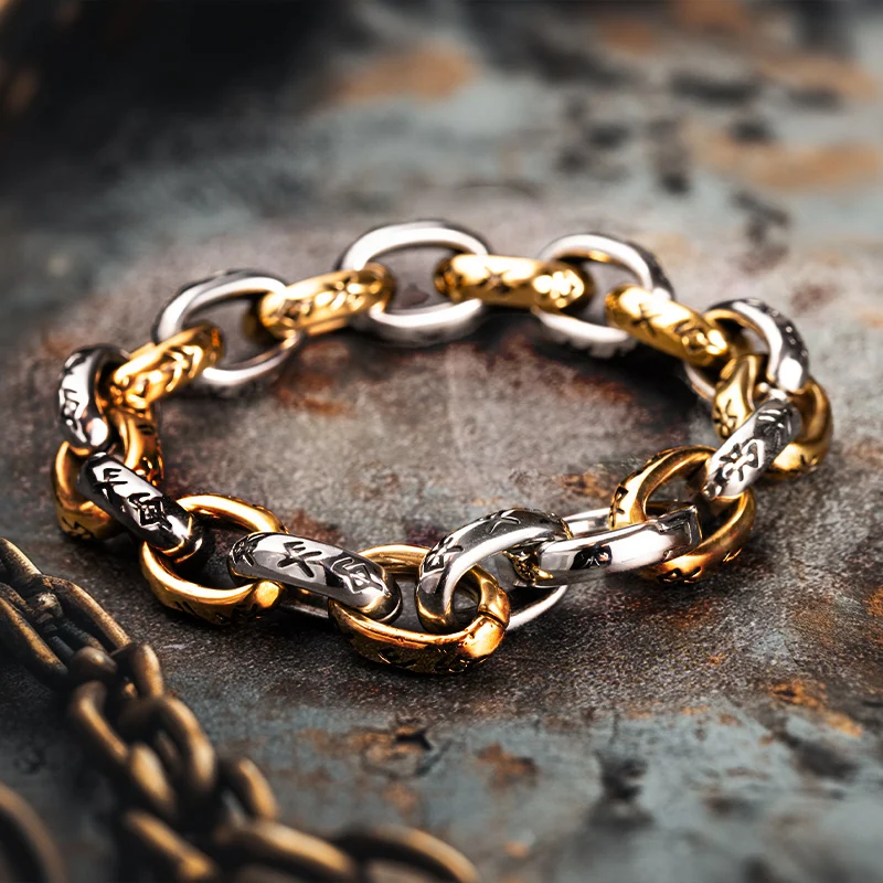 Runes of Seven Realms gold and silver stainless steel bracelet for men on rustic background
