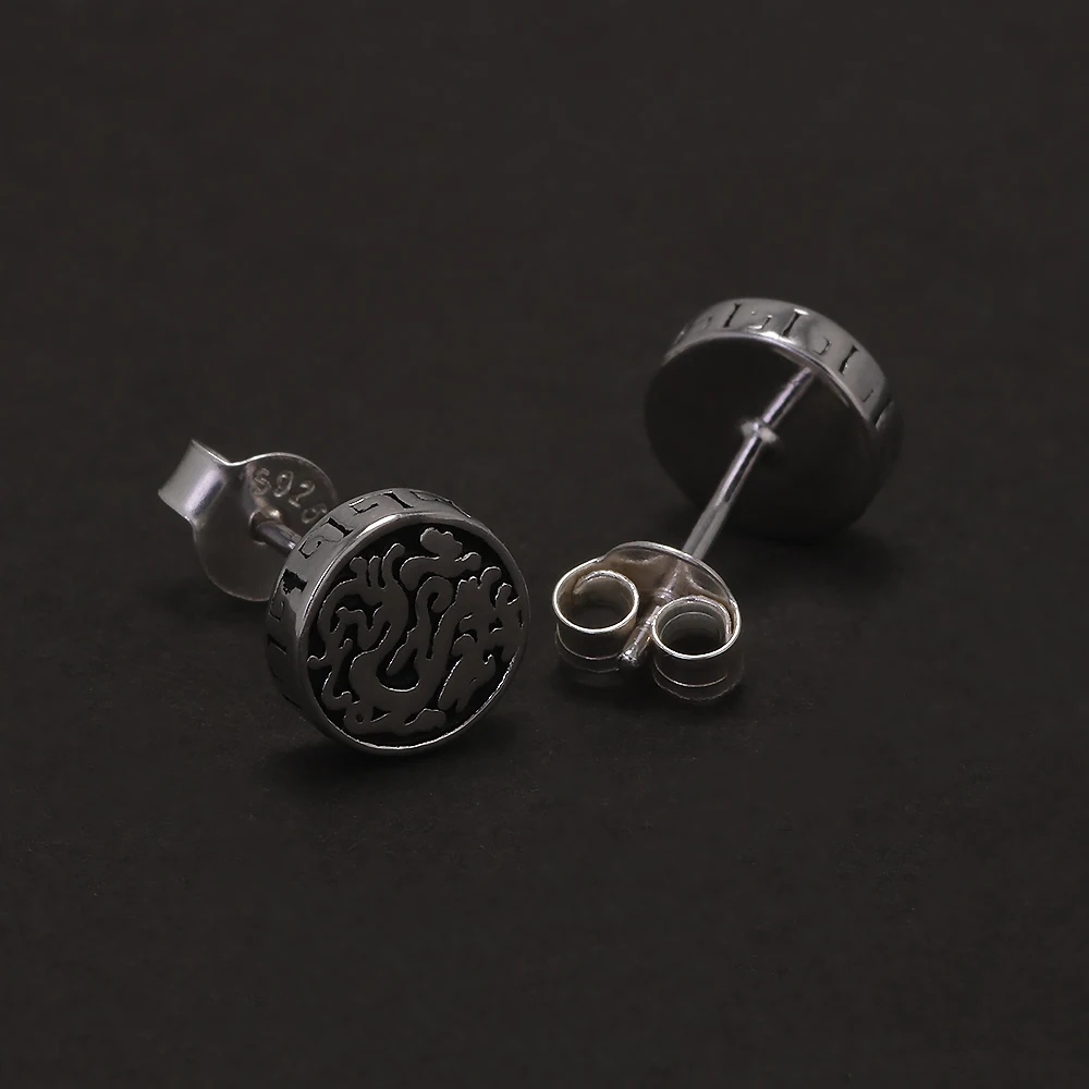 7mm 925 Sterling Silver Retro Viking Dragon Stud Earrings Men Women Round Shaped Vintage Punk Biker Jewelry Gift Hypoallergenic