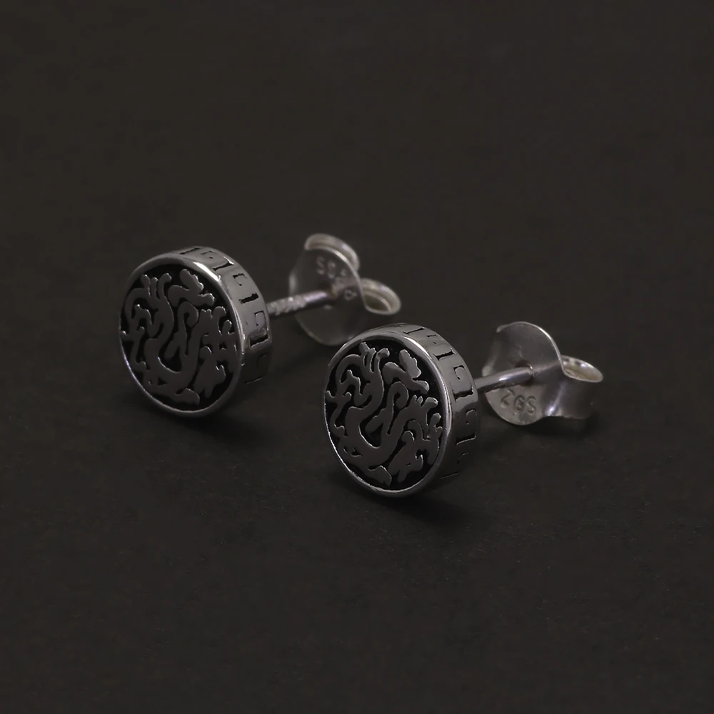 7mm 925 Sterling Silver Retro Viking Dragon Stud Earrings Men Women Round Shaped Vintage Punk Biker Jewelry Gift Hypoallergenic