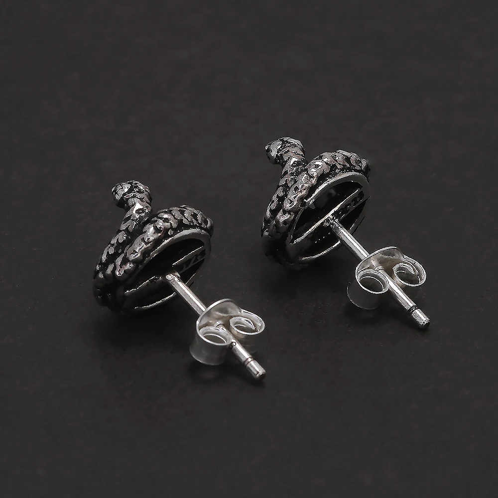 Genuine 925 Sterling Silver Snake Stud Earrings with Cut Black Onyx Gothic Vintage Antiqued Punk Unisex Party Jewelry