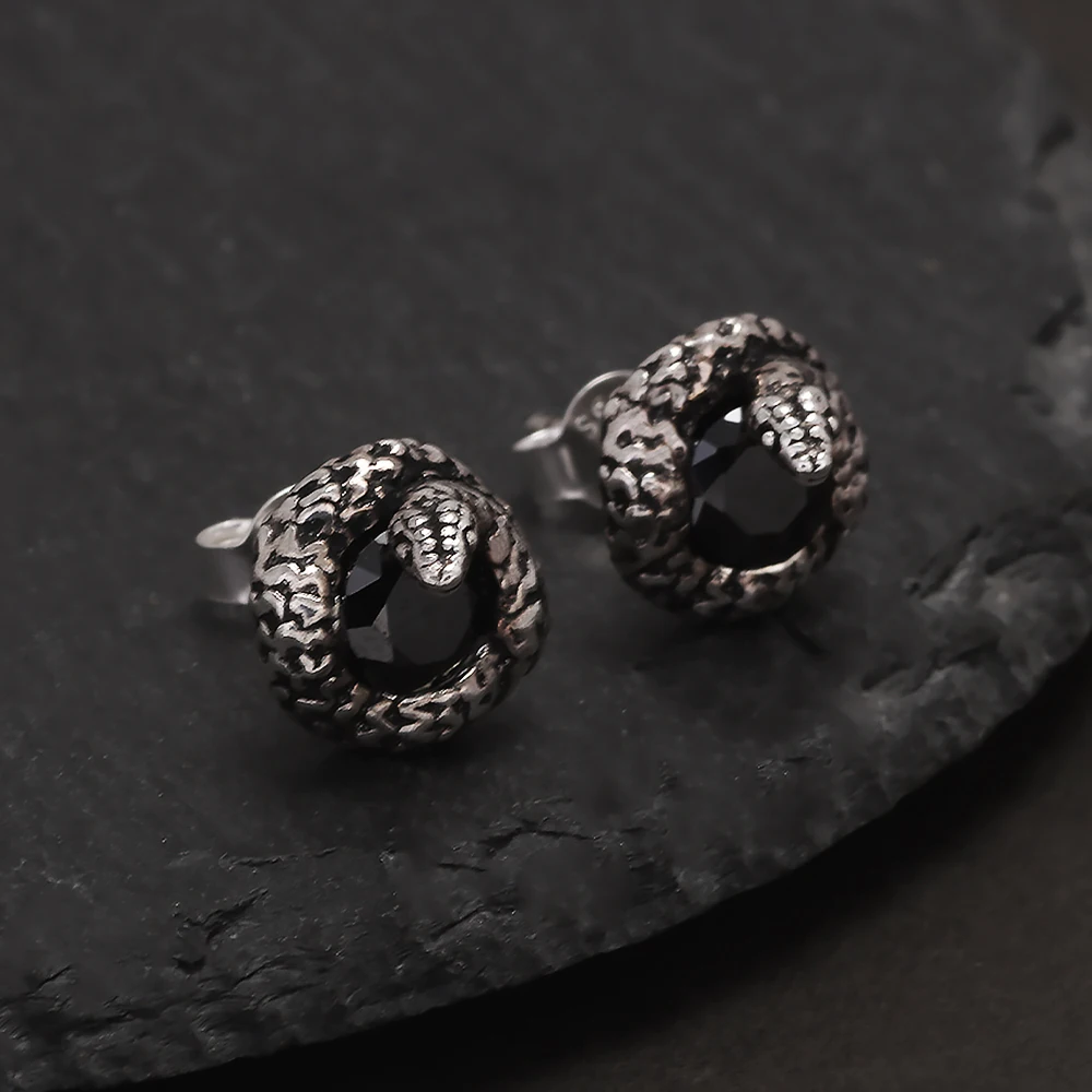 Genuine 925 Sterling Silver Snake Stud Earrings with Cut Black Onyx Gothic Vintage Antiqued Punk Unisex Party Jewelry