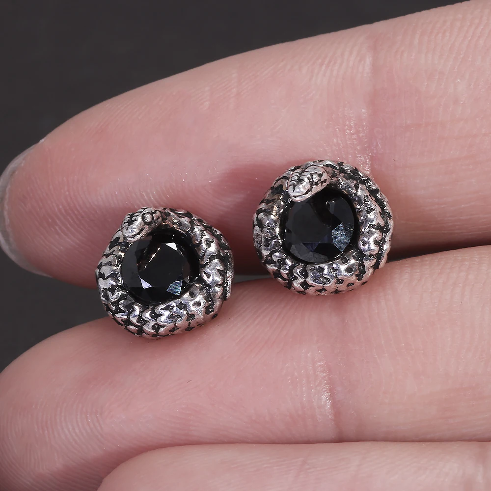Genuine 925 Sterling Silver Snake Stud Earrings with Cut Black Onyx Gothic Vintage Antiqued Punk Unisex Party Jewelry