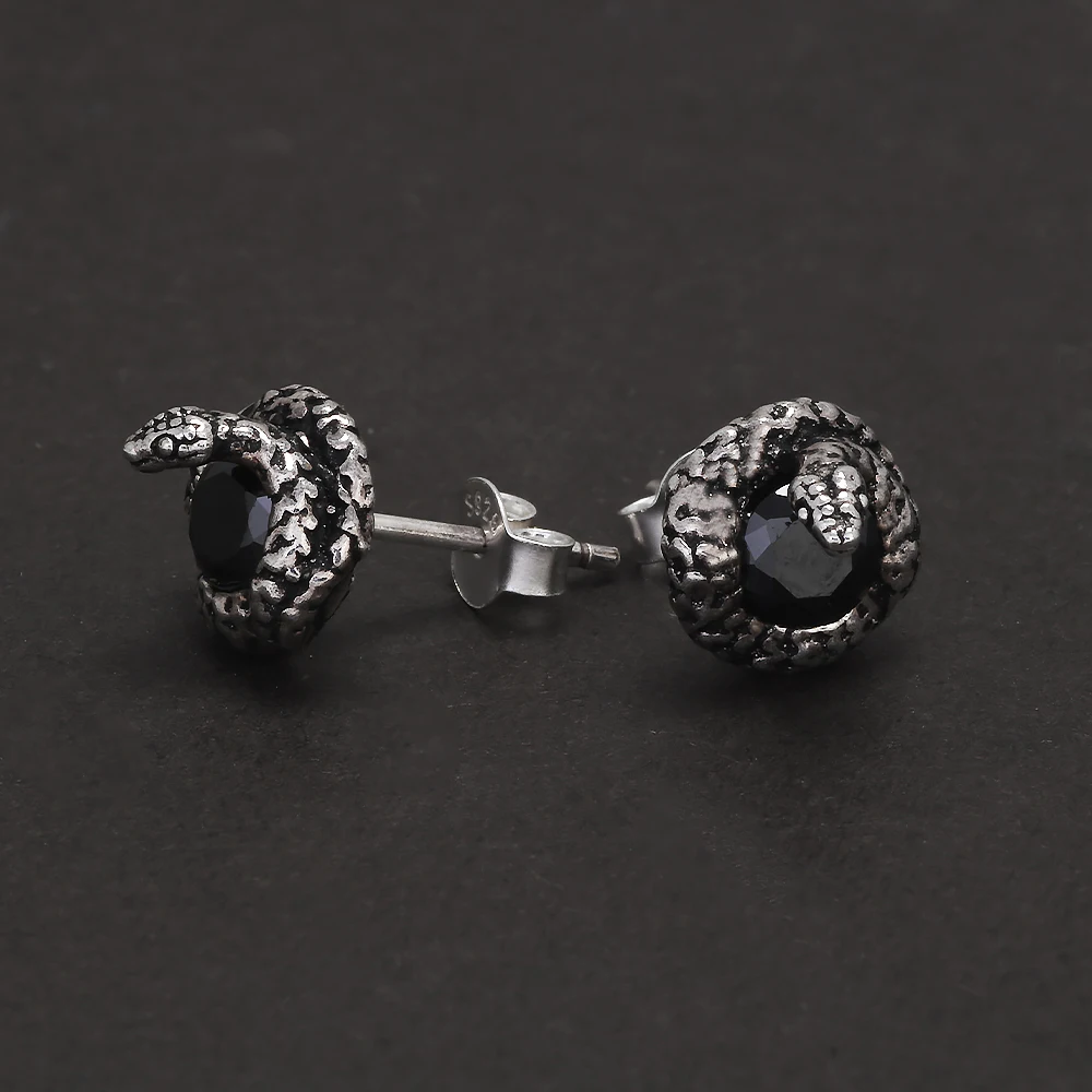 Genuine 925 Sterling Silver Snake Stud Earrings with Cut Black Onyx Gothic Vintage Antiqued Punk Unisex Party Jewelry