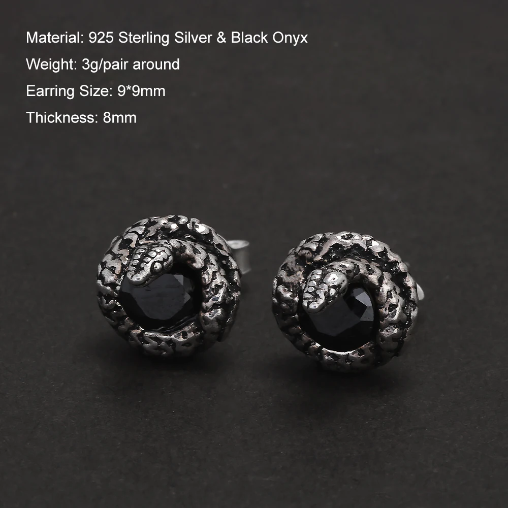 Genuine 925 Sterling Silver Snake Stud Earrings with Cut Black Onyx Gothic Vintage Antiqued Punk Unisex Party Jewelry