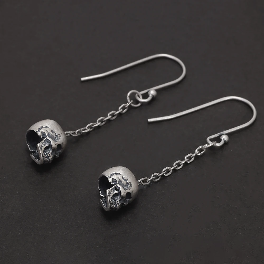 925 Sterling Silver Gothic Skull Dangle Earrings for Men Women Punk Retro Ghost Head Chain Drop Earring Hypoallergenic Jewelry