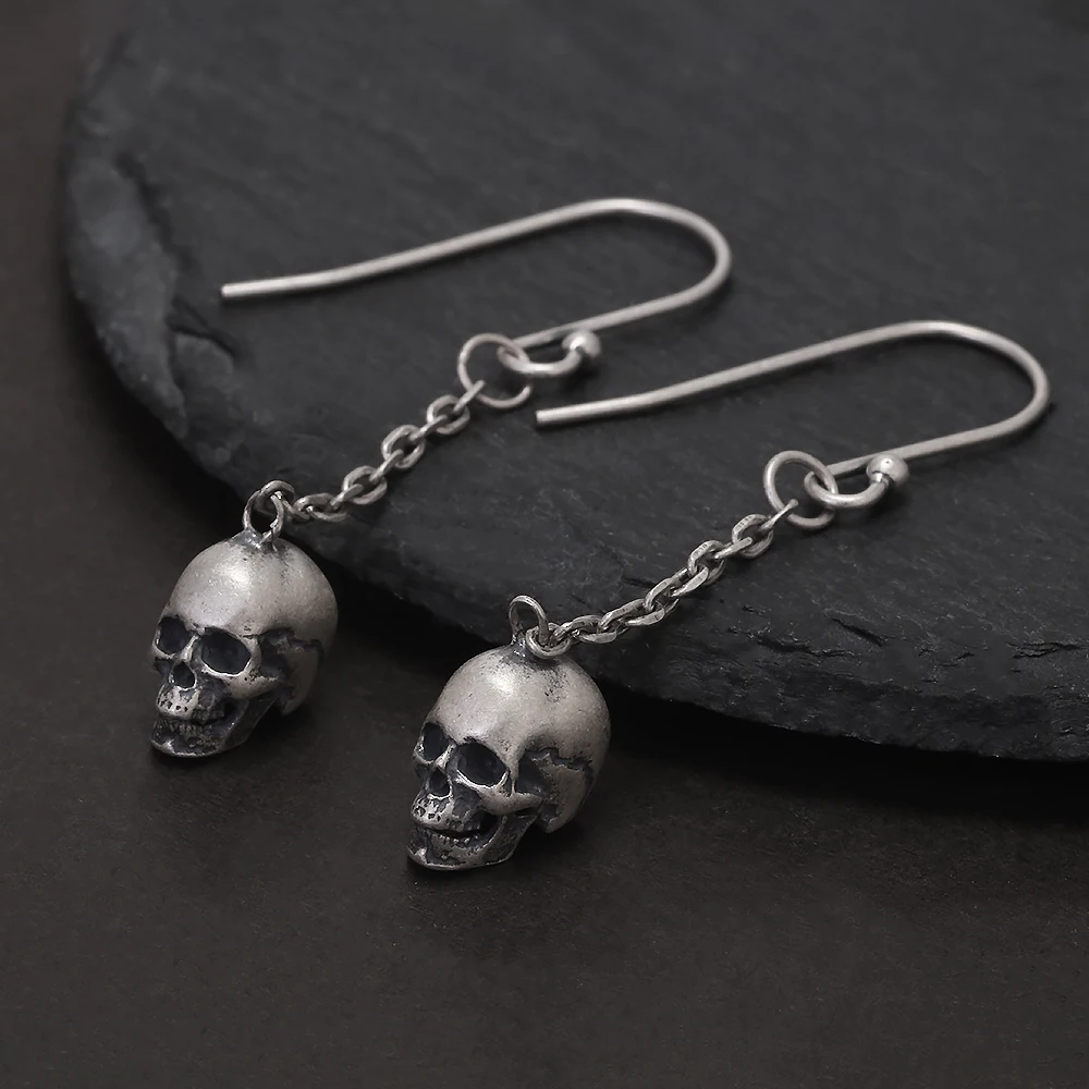 925 Sterling Silver Gothic Skull Dangle Earrings for Men Women Punk Retro Ghost Head Chain Drop Earring Hypoallergenic Jewelry