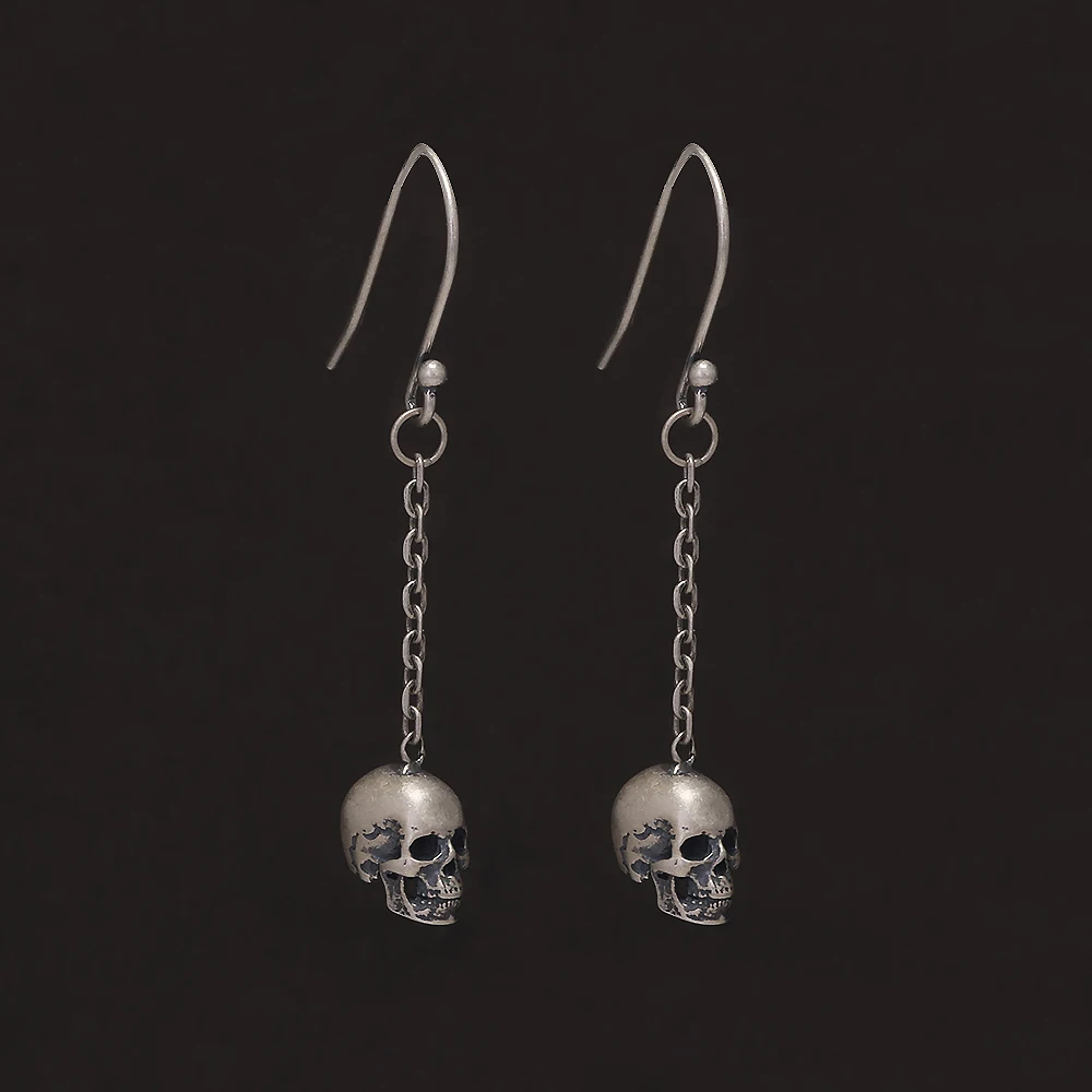 925 Sterling Silver Gothic Skull Dangle Earrings for Men Women Punk Retro Ghost Head Chain Drop Earring Hypoallergenic Jewelry