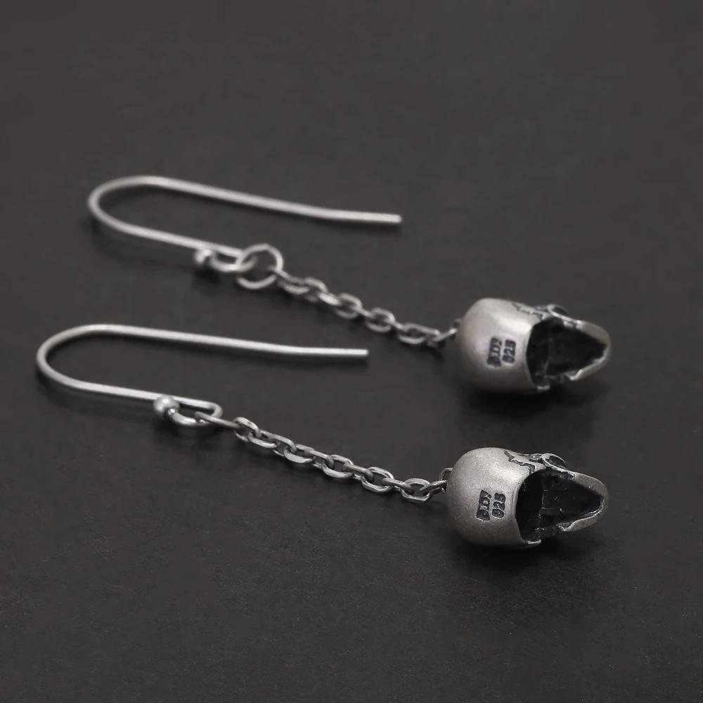 925 Sterling Silver Gothic Skull Dangle Earrings for Men Women Punk Retro Ghost Head Chain Drop Earring Hypoallergenic Jewelry