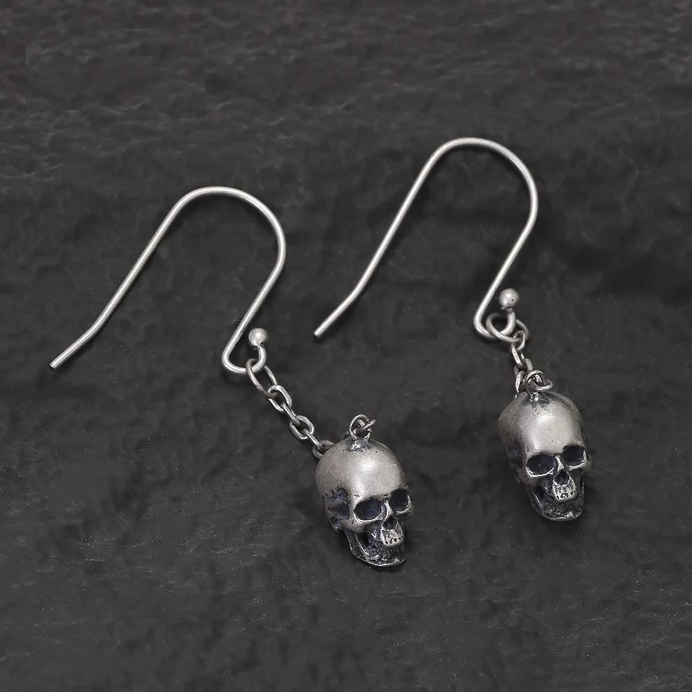 925 Sterling Silver Gothic Skull Dangle Earrings for Men Women Punk Retro Ghost Head Chain Drop Earring Hypoallergenic Jewelry
