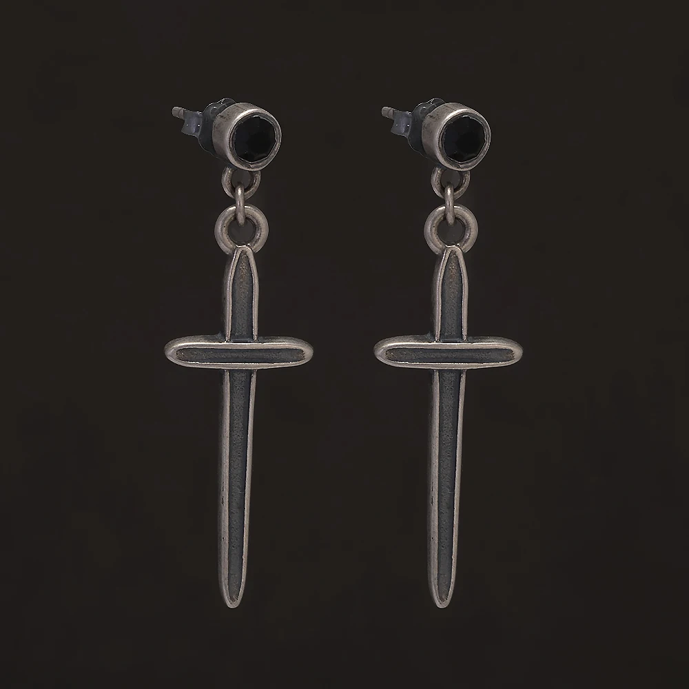 925 Sterling Silver Cross Sword Pendant Drop Earrings With Black Zircon Men Women Retro Unique Design Hypoallergenic Ear Jewelry