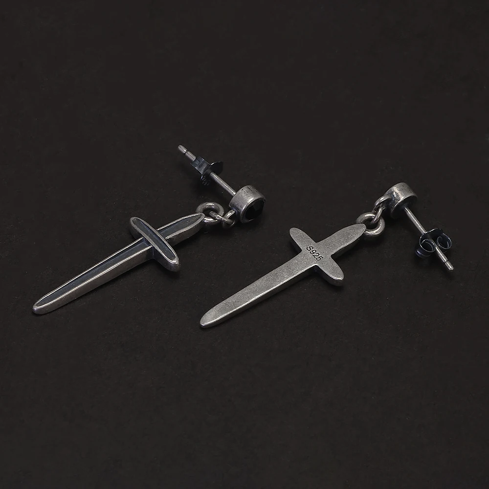 925 Sterling Silver Cross Sword Pendant Drop Earrings With Black Zircon Men Women Retro Unique Design Hypoallergenic Ear Jewelry