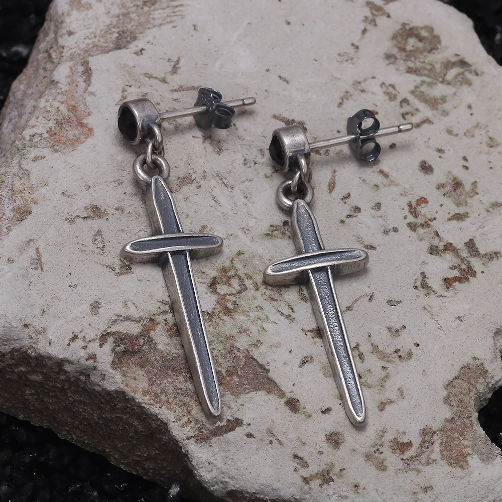 925 Sterling Silver Cross Sword Pendant Drop Earrings With Black Zircon Men Women Retro Unique Design Hypoallergenic Ear Jewelry