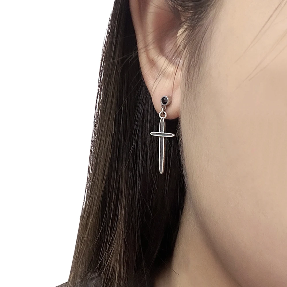 925 Sterling Silver Cross Sword Pendant Drop Earrings With Black Zircon Men Women Retro Unique Design Hypoallergenic Ear Jewelry