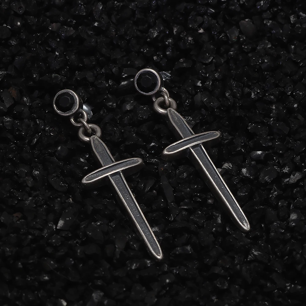 925 Sterling Silver Cross Sword Pendant Drop Earrings With Black Zircon Men Women Retro Unique Design Hypoallergenic Ear Jewelry