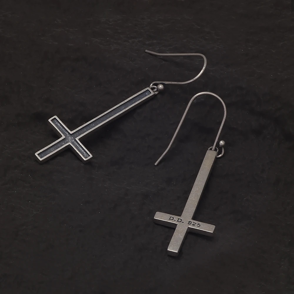 925 Sterling Silver Upside Down Cross Pendant Dangle Earrings for Men Women Gothic Retro Hip Hop Punk Hypoallergenic Ear Jewelry